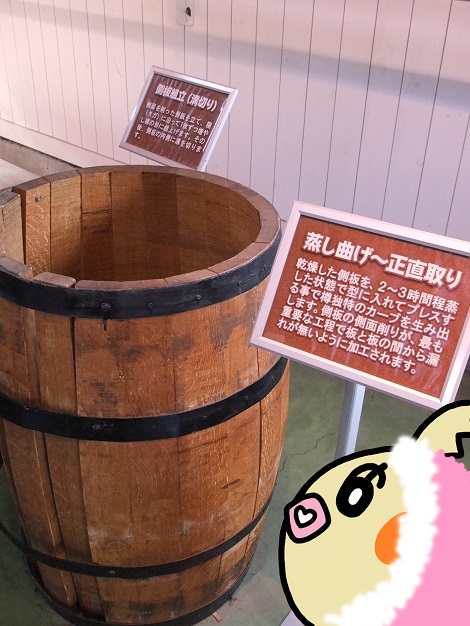 ウイスキー樽の蒸し曲げ工程を見学しているピヨめぐモカ.jpg